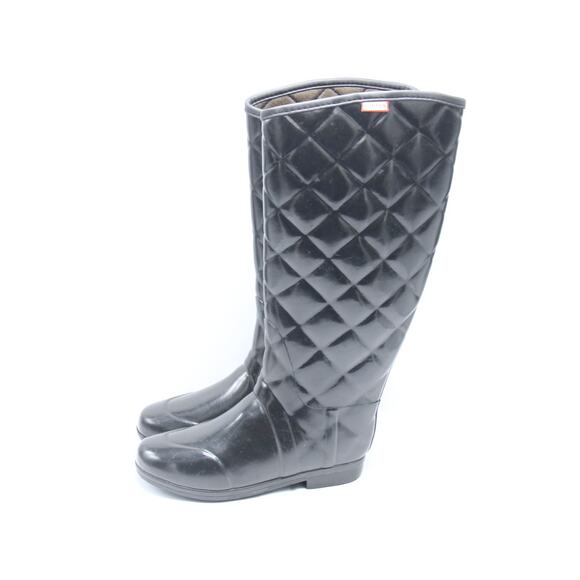 Hunter Boots Womens Sz 7 Black Refined Gloss Quilt Tall Buckle Wellington Rubber - Picture 3 of 7